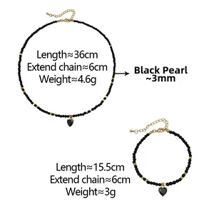 Tableau des tailles détaillé pour parure de bijoux perles noires avec collier et bracelet