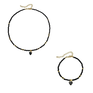 Parure de bijoux faits main en perles noires avec collier pendentif cœur et bracelet