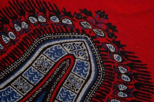 Macro shot of ethnic paisley jacquard pattern on a red cashmere shawl for winter