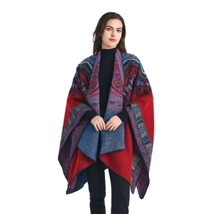 Ethnic bohemian geometric patterned knit shawl cape in red cashmere-like fabric