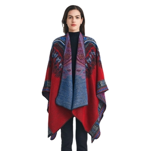 Ethnic style pashmina shawl for women with red and blue jacquard geometric patterns