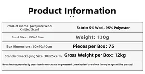 Specifications of mixed wool knit scarf with 5% wool content measuring 155x18cm and 130g