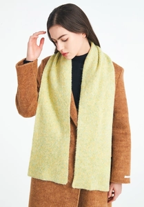 Close-up of soft pale green wool knit scarf texture worn with a classic brown coat