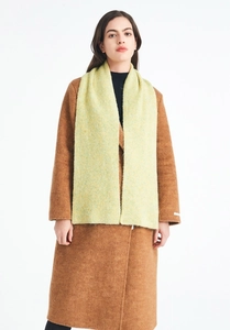 Detailed texture of thick light green wool knit scarf paired with a camel wool coat