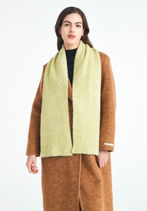 Detail of soft green wool knit scarf showing fluffy texture and premium winter styling