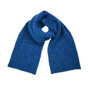 Close-up of soft knitted wool scarf in royal blue with fluffy texture and thick fiber weave