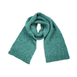 Close-up of soft turquoise wool knit scarf showing fine texture and hairy mohair finish