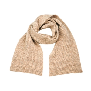 Detail of oatmeal ribbed knit wool scarf showing soft texture and thick weave pattern