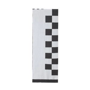 Detailed view of black and white checkerboard knit scarf with gray ribbed edges