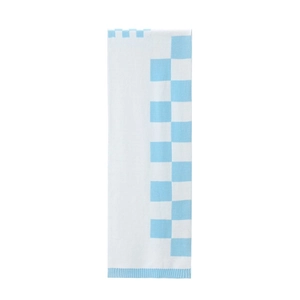 Close-up of blue and white checkered knit scarf with ribbed edge and soft texture