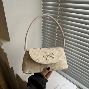 Sac à Épaule Tissé en Paille Style Coréen Pour Femmes Avec Broderie Florale Décoration de Noeud en Métal Doré Sac Sous le Bras