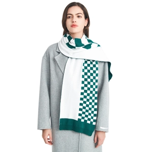 Knit green and white checkered winter scarf for men and women with ribbed edges
