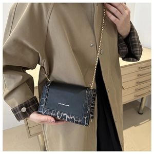 Detail of fashion crossbody bag with leopard print edges and gold chain strap on trench coat