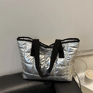 Women Quilted Puffer Tote Bag Metallic Padded Shoulder Bag Lightweight Space Cotton Handbag Large Capacity For Casual Daily Use