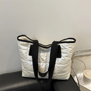Minimalist white quilted space cotton tote bag with black wide straps for women