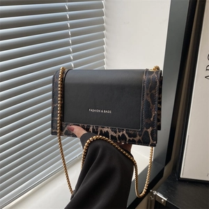 Fashion leopard print crossbody square bag with gold chain strap and black leather trim