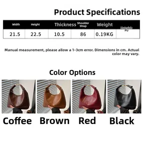 Size guide for crescent underarm bag showing dimensions 21.5x22.5x10.5cm and PU material