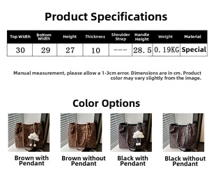 Detailed size chart for leopard print tote bag with measurements and color variants