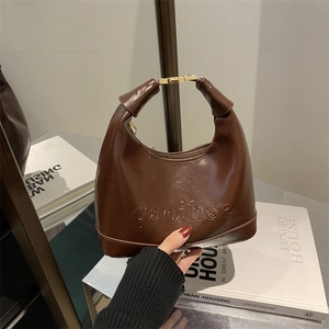 Women PU Leather Half Moon Hobo Bag Embossed Letter Gold Hardware Shoulder Crossbody Handbag Minimalist Urban Vintage