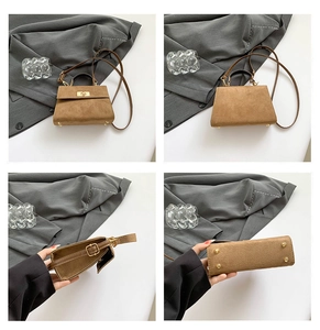 Detailed four-view of brown suede Kelly bag with gold twist lock and metal bottom studs