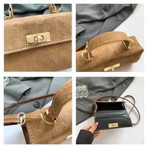 Detailed views of brown suede mini bag with gold twist lock and reinforced handle