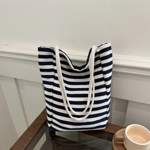 Women's Canvas Striped Tote Bag Large Capacity Casual Shoulder Bag With Rope Handle Minimalist Commuting Shopping Handbag
