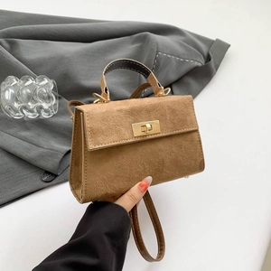 Retro Small Square Handbag Frosted Suede Texture For Women With Top Handle Gold Turn Lock Crossbody Commuter Shoulder Bag