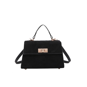 Elegant black suede handbag with gold lock and adjustable strap for women