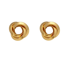 Elegant gold intertwined triple-loop stud earrings with a polished metallic finish