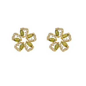 Exquisite forest green olive flower stud earrings with gold petals and zircons