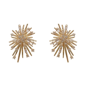 Elegant gold fireworks stud earrings with sparkling cubic zirconia in radiant starburst style