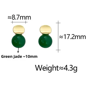 Detail view of green chalcedony drop earrings with gold metal studs and dimensions