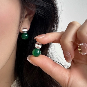 Green Chalcedony Stud Earrings With 925 Sterling Silver Earring Post Vintage Round Metal Ball Drop For Women Jewelry
