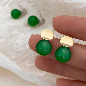 Vintage green chalcedony stud earrings with gold circular metal accent for women
