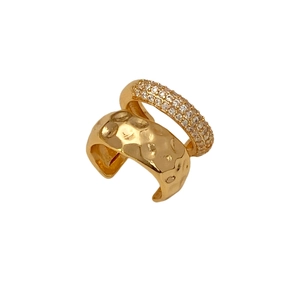 Double layered gold ear cuff with hammered texture and pave set sparkling zircons