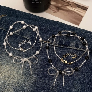 Elegant Beaded Artificial Pearl Necklace For Women Featuring Woven Bead Bowknot Pendant French Style Sweet Jewelry Gift