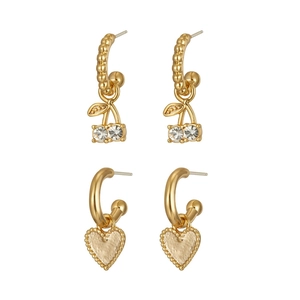 Parure boucles d'oreilles cerise en cristal doré 18 carats et cœurs martelés élégants