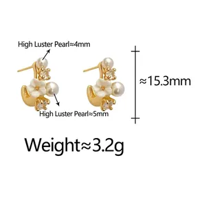 Elegante Blumen-Perlenohrringe mit Goldbasis und Zirkonia für Damen-Schmucksets