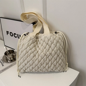 Women Casual Quilted Canvas Tote Bag Diamond Lattice Shoulder Bag Fashion Commute Handbag With Drawstring Closure Large Shopper Bag