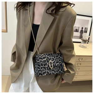 Close-up of leopard print crossbody bag with gold chain strap and metal clasp on model