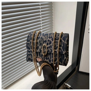 Detail of leopard print crossbody bag featuring gold metal chain and oval clasp closure