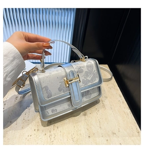 Close-up of elegant floral embroidery and golden clasp on a silver-grey crossbody bag
