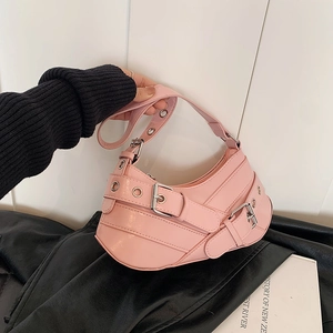 Women Y2K Underarm Bag PU Leather Crescent Shoulder Bag Metal Buckles Eyelets Punk Vintage Baguette Bag For Commuting