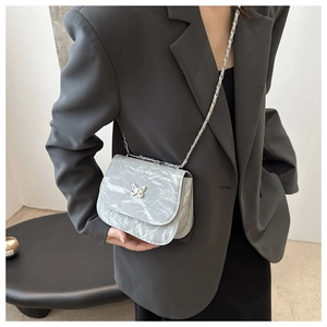 Chic silver pleated shoulder bag with chain strap and metal butterfly detail for women