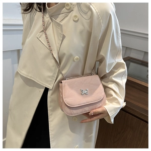 Detail of light pink pleated bag featuring a silver butterfly logo and chain strap