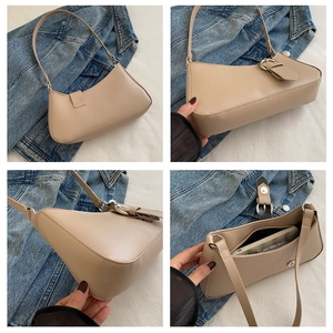 Detailed four-way view of beige minimalist shoulder bag with metal buckle and spacious interior