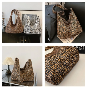 Detail of leopard print canvas tote bag showing two patterns and spacious inner design