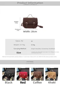 Detailed spec sheet showing PU leather crossbody bag dimensions and four available colors