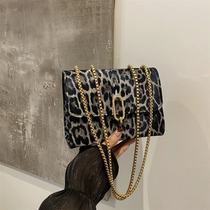 Fashionable leopard print small square bag with gold chain strap and metal clasp for women