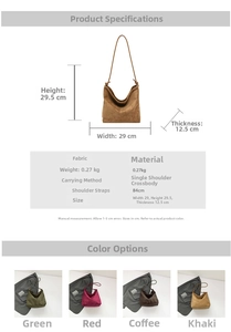 Detailed spec sheet showing dimensions and four colors of a casual fabric tote bag